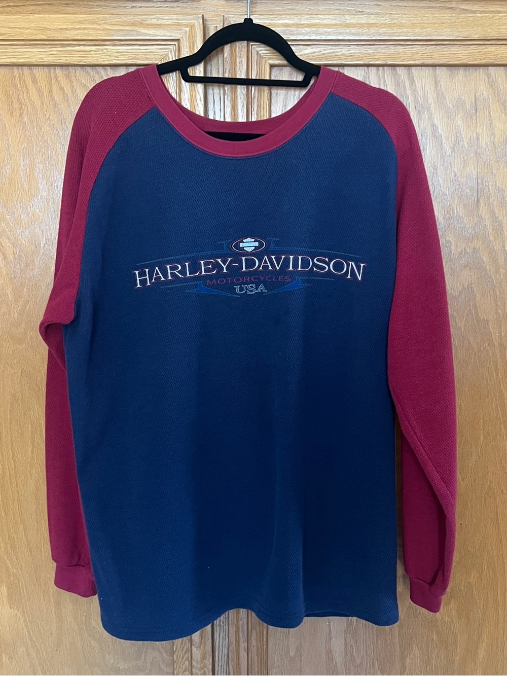 Vtg Harley-Davidson Men’s Thermal Waffle Knit Long Sleeve Shirt Sz L Blue/maroon
